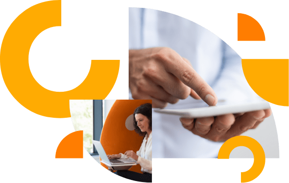 Dos cuartos de círculo, el de arriba a la derecha muestra a una persona interactuando con una tableta, el de abajo a la izquierda muestra a una mujer trabajando con un portátil superpuesto al anterior. A su alrededor hay varias figuras geométricas circulares de color naranja