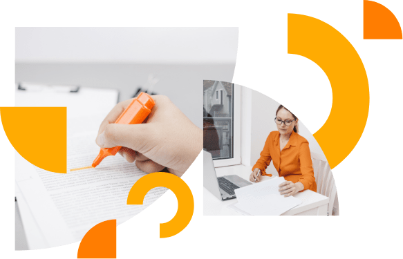 Dos cuartos de círculo. En el de la izquierda se ve una mano usando un marcador naranja para resaltar un texto. En el segundo se ve a una mujer con una blusa naranja trabajando con un portátil y consultando papeles. Al rededor de ambos cuartos de círculo podemos ver diversas figuras geométricas circulares de color naranja