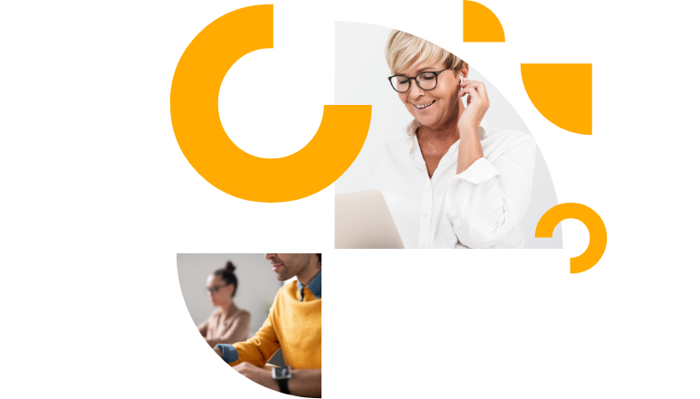 Recortada dentro de un cuarto de círculo vemos a una mujer en una videoconferencia, en el cuarto de círculo opuesto, más pequeño, podemos ver a un hombre y una mujer atendiendo a sus ordenadores. También vemos formas geométricas circulares a su alrededor. Superpuestos tenemos los logos de Dicampus, Ivoox y YouTube