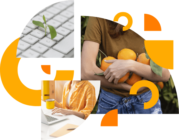 Tres cuartos de círculo, el de arriba a la izquierda tiene un teclado blanco del que sale un brote con tres hojas verdes, el de arriba a la derecha muestra a una persona con varias naranjas apretadas contra su pecho, el de abajo a la derecha, está desplazado a la izquierda y muestra a una persona tomando una bebida de una taza naranja mientras trabaja con un portátil. Entre las imágenes se ven figuras geométricas circulares de color naranja